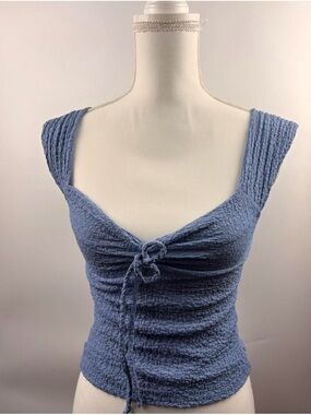 See You Monday Dusty Blue Tie-Front Textured Tank